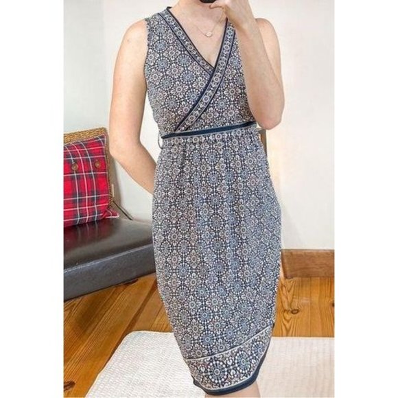 Max Studio Womens Faux Wrap Midi Dress 7904W52 Geometric Print Tie Knot Blue XS - Picture 1 of 10